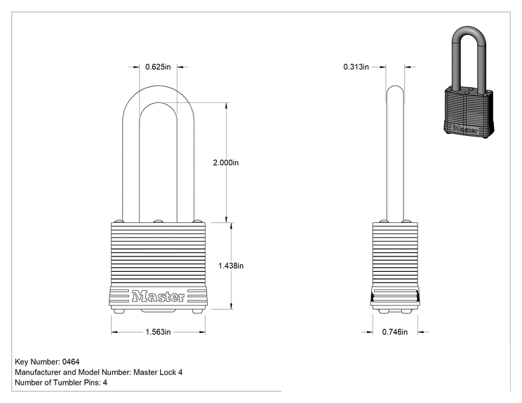 Teknik Çizim - Lamine Pirinç Gövdeli Hava Koşullarına Dayanıklı Asma Kilit, Master Lock 4, #0464 numaralı anahtarla anahtarlı, Ekstra Boşluklu