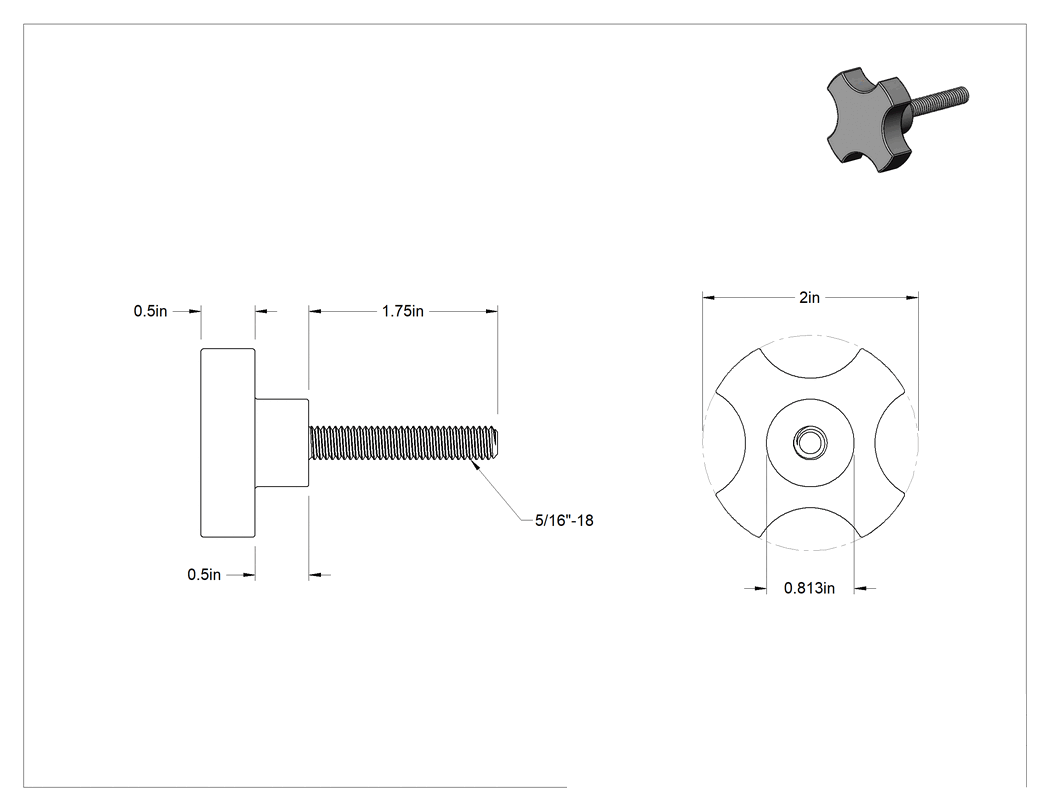 Teknik Çizim - Pirinç 4 Kollu Düğme, 5/16"-18 Dişli 1-3/4" Uzunlukta Saplama