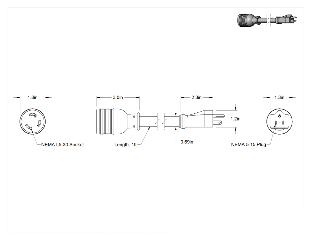 Teknik Çizim - NEMA 5-15 Fiş x NEMA L5-30 Priz Kablo Adaptörü