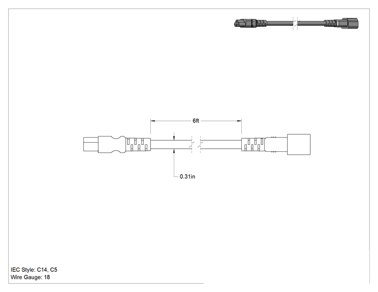 Teknik Çizim - Elektronik Ekipman Güç Kablosu, IEC C14 Fiş x IEC C5 Priz, 18 AWG, 6 Fit Uzunluk