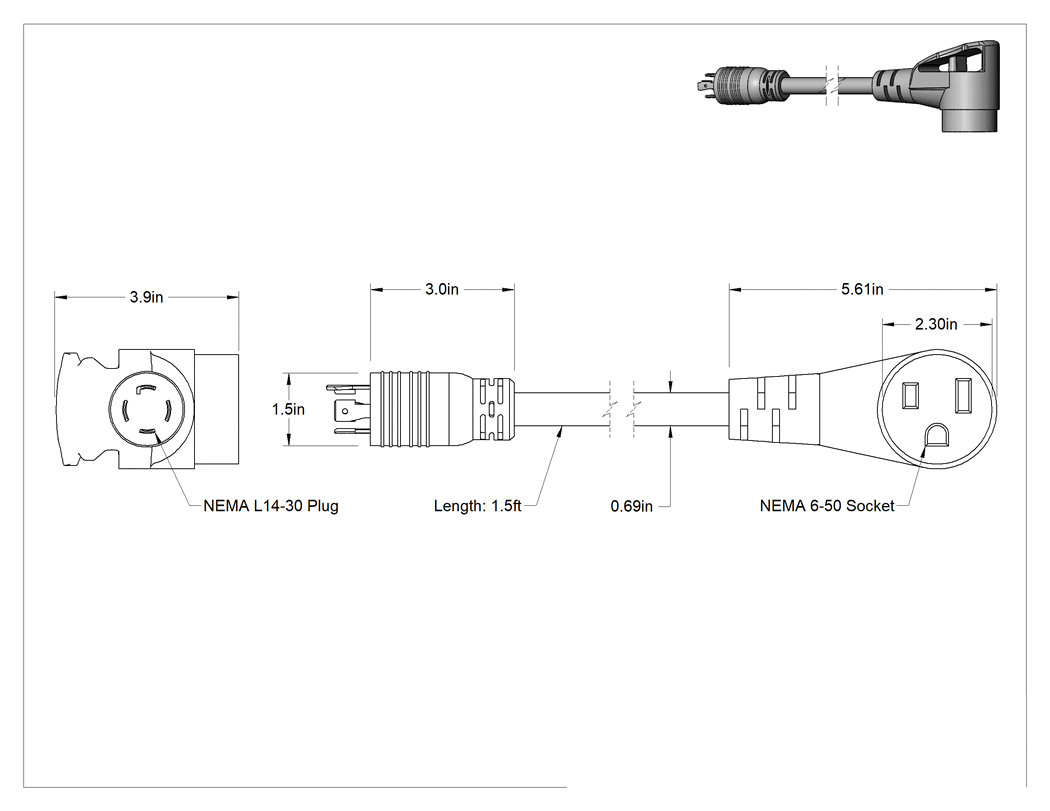 Teknik Çizim - NEMA L14-30 Fiş x NEMA 6-50 Priz Adaptörü