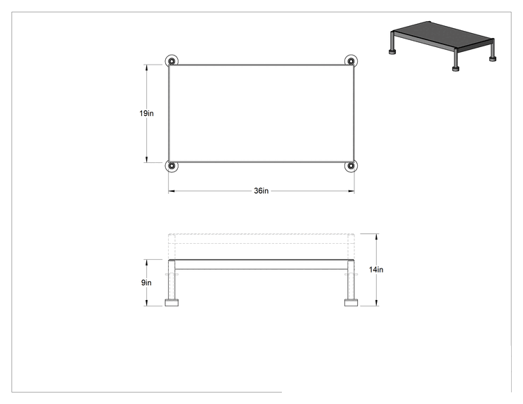 Teknik Çizim - Yorgunluk Önleyici Çalışma Platformu, 9"-14" Yükseklik x 36" Genişlik x 19" Derinlik Toplam