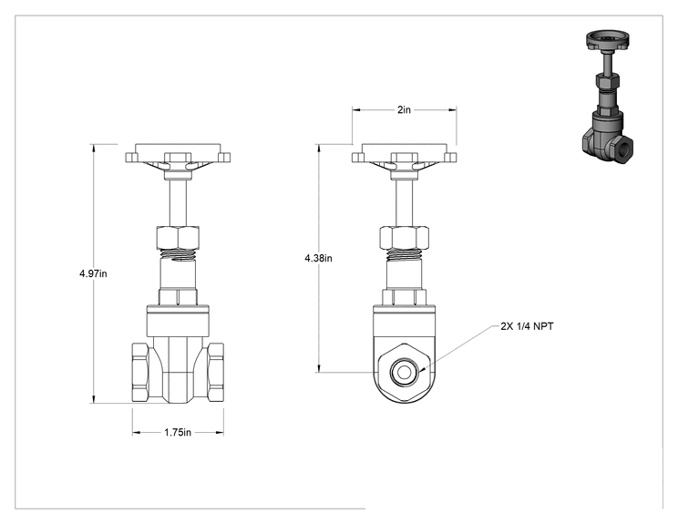 Teknik Çizim - Bronz Gövde ve Sürgülü Kademeli Açma/Kapama Vanası, Tekerlek Kolu ve Yükselen Mil, Sınıf 150, 1/4 NPT Dişi