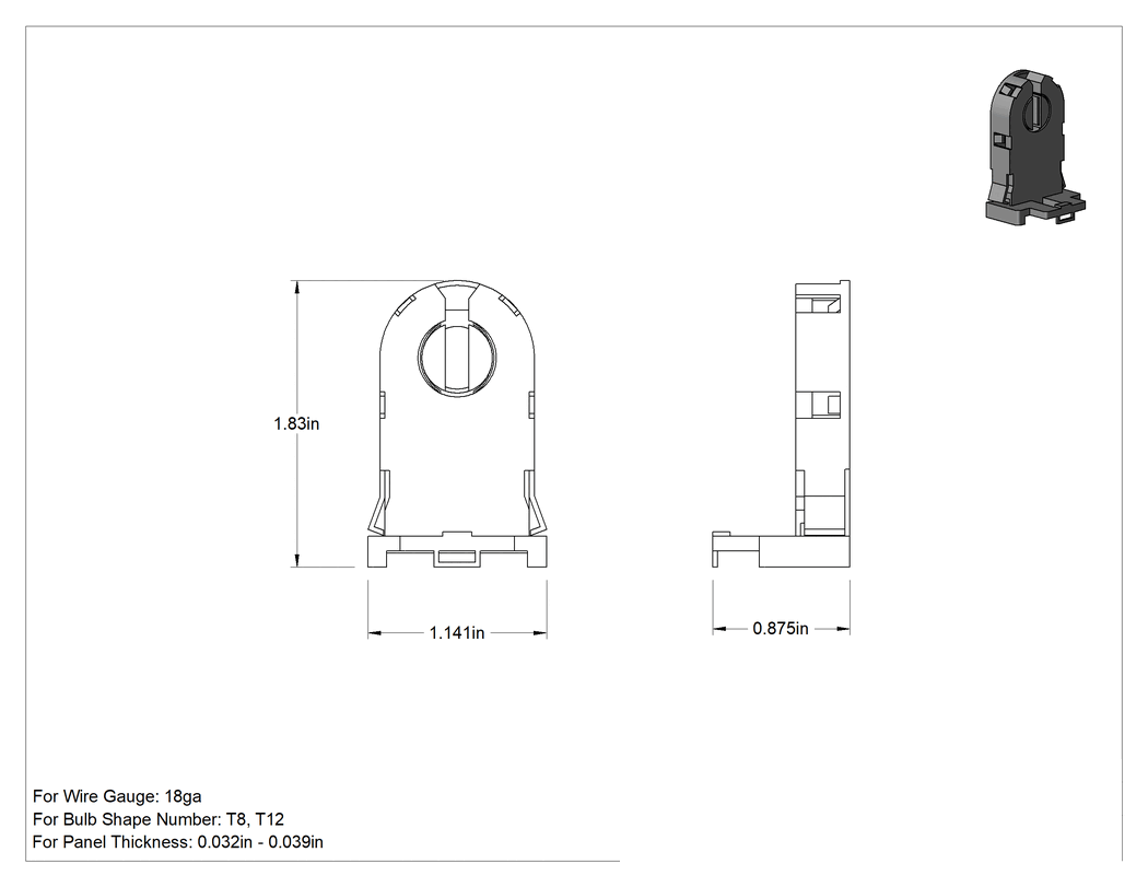 Teknik Çizim - Tüp Şeklindeki Ampuller için Soket, Sıkı Tutuş, T8 ve T12 Ampuller için, 1-7/8" Yükseklik