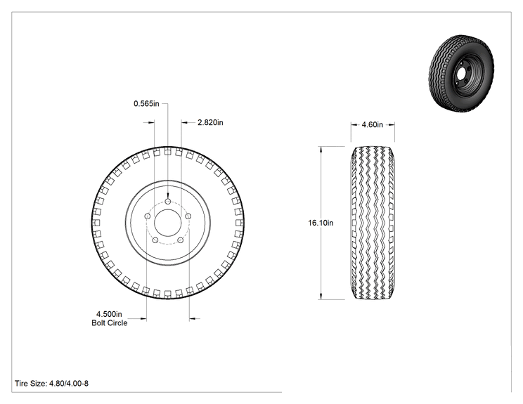 Teknik Çizim - Otoyol Kullanımı için Çelik Göbekli Pnömatik Römork Tekerleği, 5 Montaj Deliği, 16-1/8" Çap x 4-11/16" Genişlik