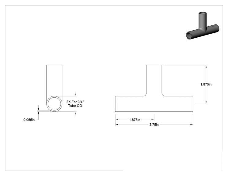 Teknik Çizim - Paslanmaz Çelik Boru için Alın Kaynaklı Bağlantı Parçası, Cilalı 304/304L Paslanmaz Çelik, T Konektörü, 3/4" Dış Çaplı Boru için