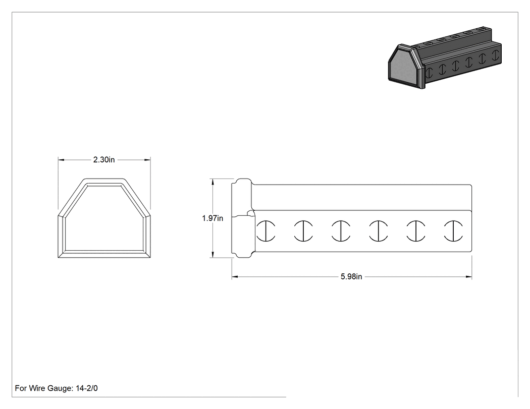 Teknik Çizim - Tel Bağlantı/Konektör, Altı adet 14-2/0 Kalibre Tel için Deliklerle