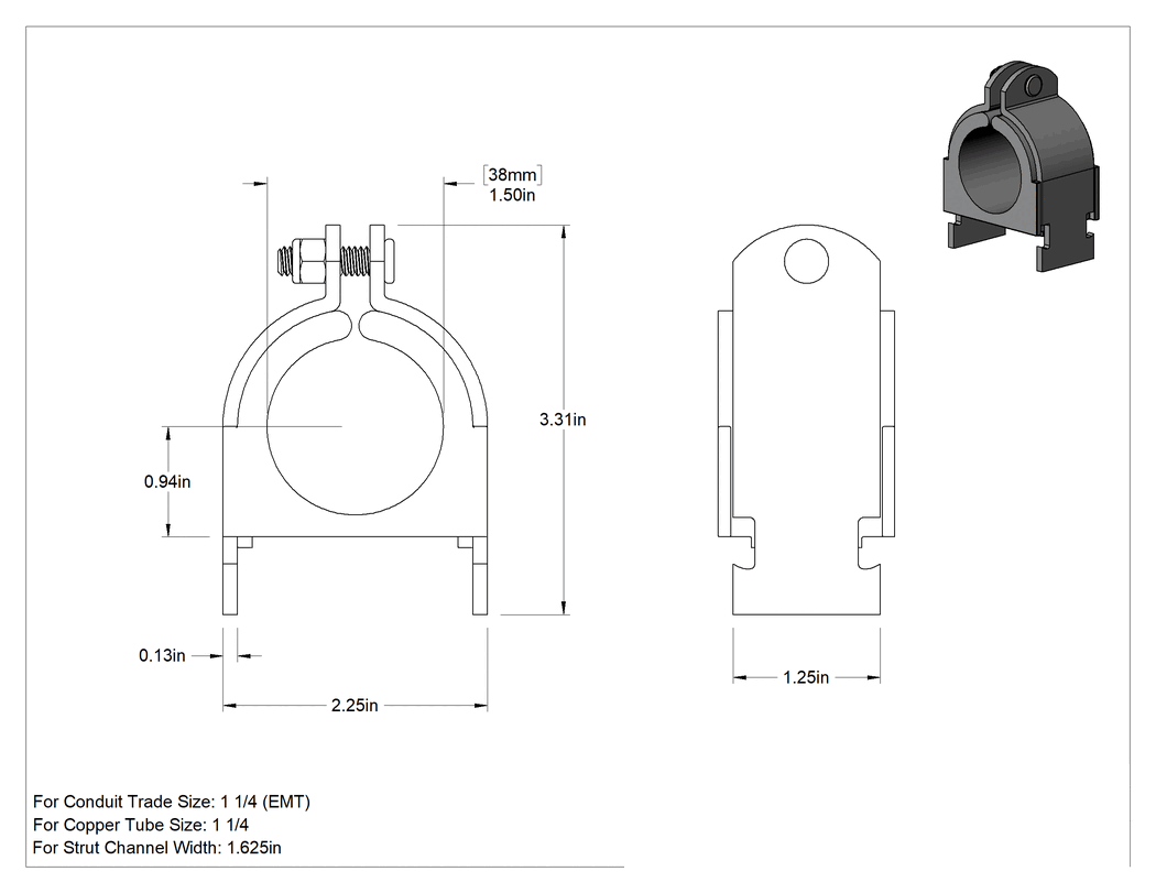 Teknik Çizim - Strut Montajlı Titreşim Sönümleyici Yönlendirme Kelepçesi, TPE Kauçuk Yastıklı, 316 Paslanmaz Çelik, 1-1/2" İç Çap
