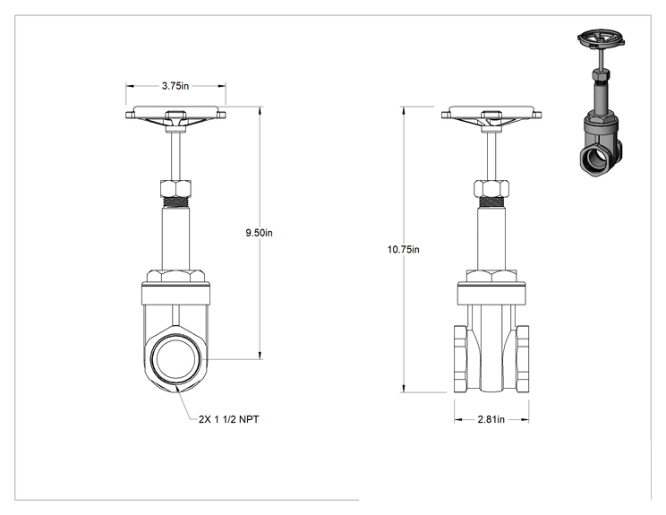 Teknik Çizim - Bronz Gövde ve Sürgülü Kademeli Açma/Kapama Vanası, Tekerlek Kolu ve Yükselen Mil, Sınıf 125, 1-1/2 NPT Dişi