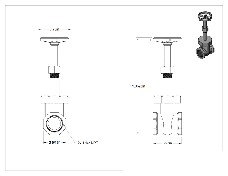 Teknik Çizim - Bronz Gövde ve Sürgülü Kademeli Açma/Kapama Vanası, Kolay Bakım, Yükselen Mil, 1-1/2 NPT Dişi