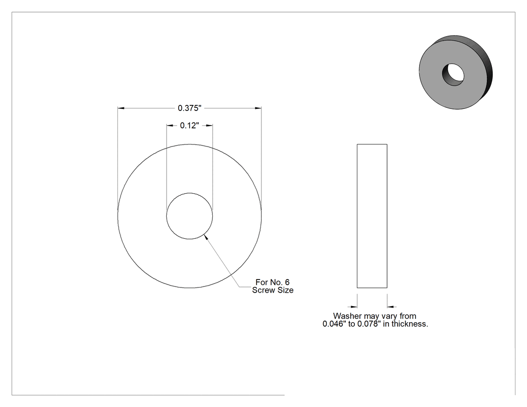 Teknik Çizim - Floroelastomer Kauçuk Conta Pulları, 6 numaralı vida boyutu için, 0.120" İç Çap, 0.375" Dış Çap, 0.062 inç Kalınlık
