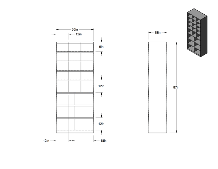 Teknik Çizim - Ayarlanabilir Raflı Raf, On İki 9" ve Dokuz 12" Yükseklikli Hazneli, 18" Derinlik