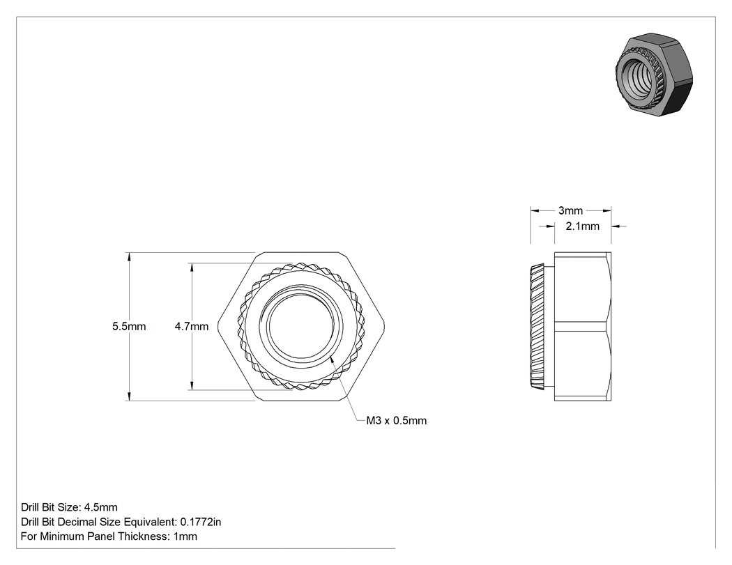 Teknik Çizim - Sac Metal için 18-8 Paslanmaz Çelik Altıköşe Başlı Presle Takılan Somun, M3 x 0.5 mm Diş Boyutu, 1 mm Minimum Panel Kalınlığı için