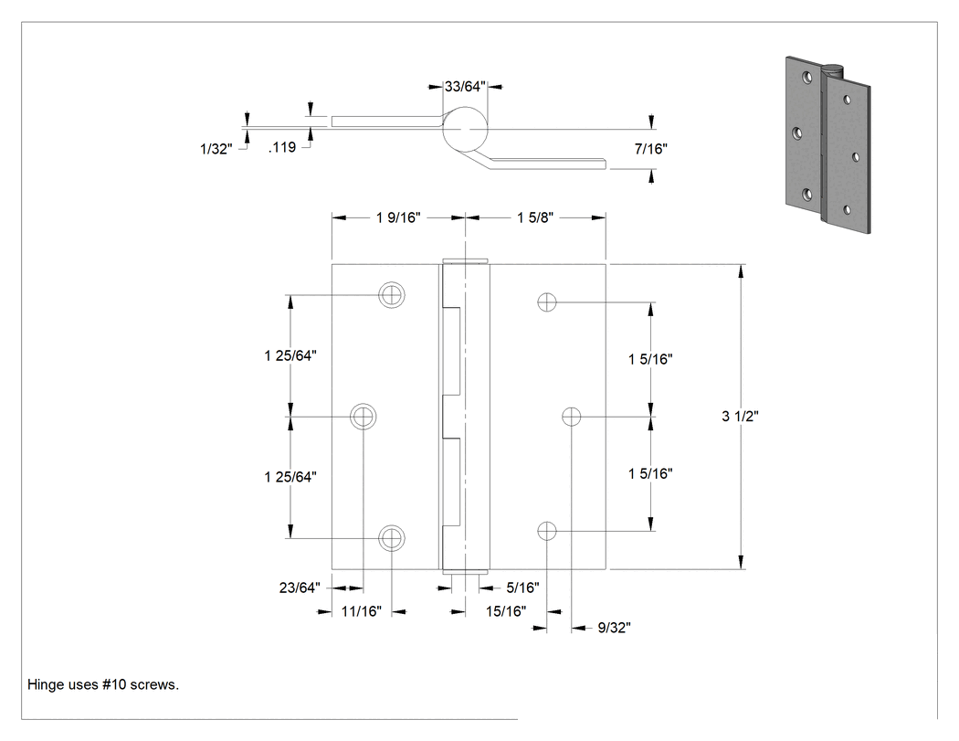 Teknik Çizim - Yarım Gömme Giriş Kapısı Menteşesi, Astarlı Çelik, 3-1/2" x 1-5/8" Kapı Kanadı