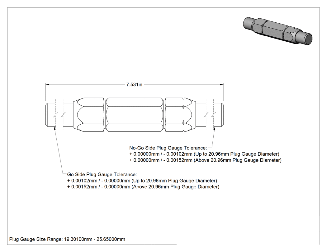 Teknik Çizim - Saplı Tıkaç Ölçer, Sınıf x Boyut 19.3050 mm ila 25.6540 mm