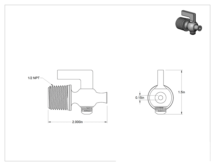 Teknik Çizim - Pirinç Gövdeli Açma/Kapama Vanası, Kompakt, Kol Tutacağı, Kesme Vanası, 1/2 NPT Erkek x Tahliye