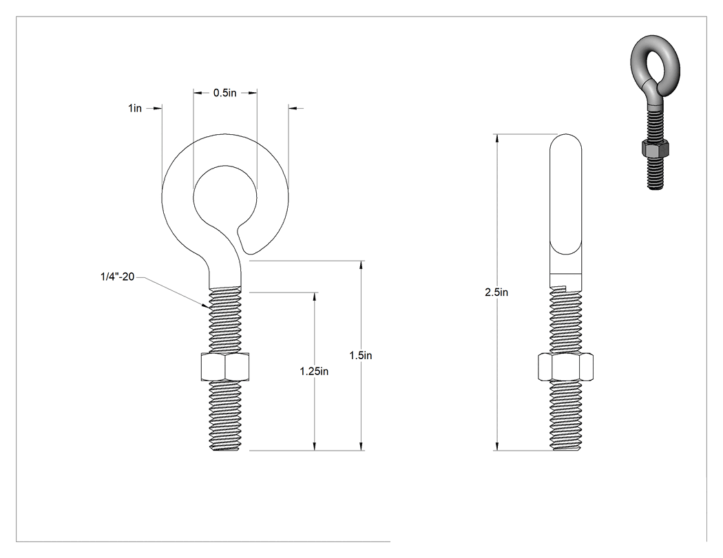 Teknik Çizim - Somunlu Yönlendirme Halkalı Cıvatası - Kaldırma Amaçlı Değildir, Siyah Oksit, Bükülmüş Kapalı Göz, 1/4"-20 Diş, 1-1/2" Şaft