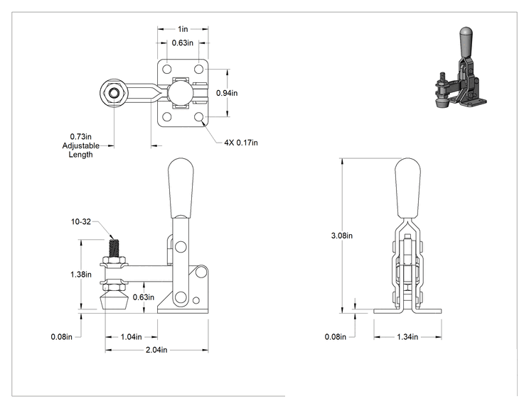 Teknik Çizim - Sabitleme Mandal Kelepçesi, Açık Kol, 18-8 Paslanmaz Çelik, 100 lbs. Kapasite, 2-1/8" Toplam Uzunluk