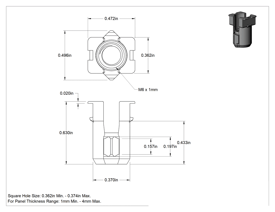 Teknik Çizim - Topraklama Kafes Somunlar, M6 x 1 mm Diş Boyutu