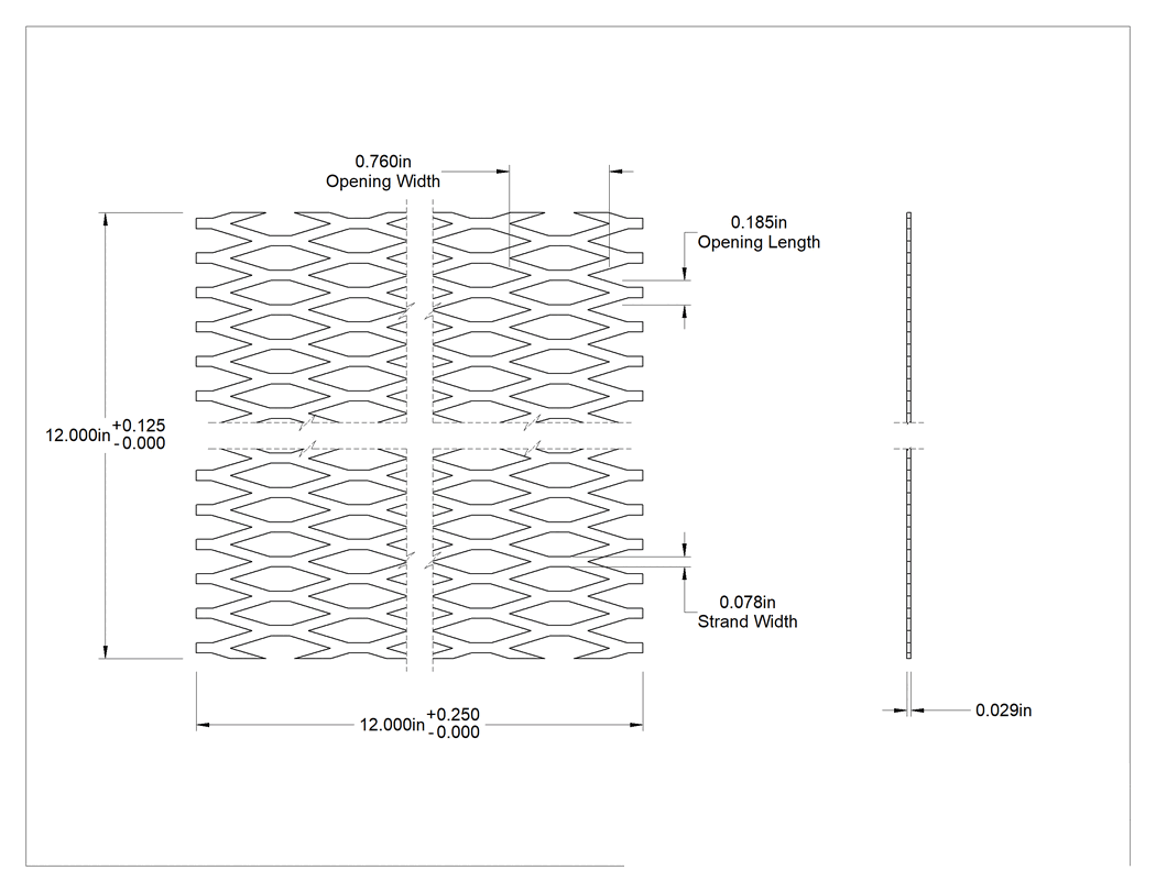 Teknik Çizim - Genişletilmiş Sac Panel, Düz 1100 Alüminyum, 12" x 12" x 0.029", 0.725" Genişliğinde Açıklık