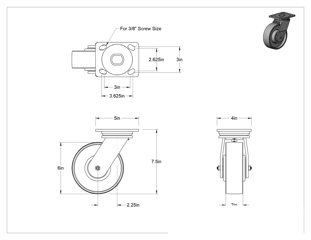 Teknik Çizim - 5" x 4" Montaj Plakalı Yüksek Kapasiteli Spartan Tekerlek, 6 inç Çapında Çelik Tekerlekli Döner Tekerlek