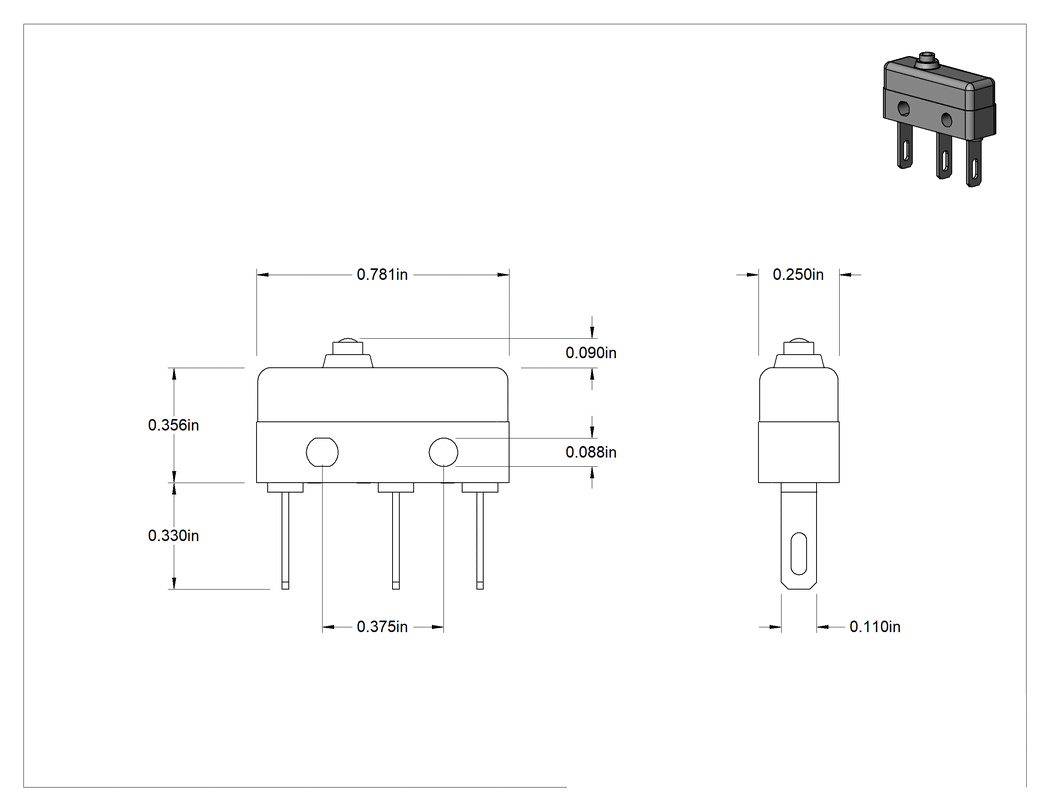 Teknik Çizim - Hafif Dokunmalı Mikro Ani Hareketli Anahtar, Pistonlu Aktüatör ve Faston Terminaller, 1A @ 125V AC/30V DC