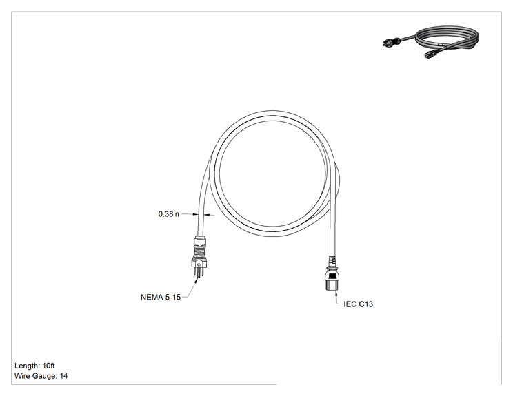 Teknik Çizim - Elektronik Ekipman Güç Kablosu, NEMA 5-15 Fiş x IEC C13 Priz, Tel Ölçer 14, 10 Fit Uzunluk