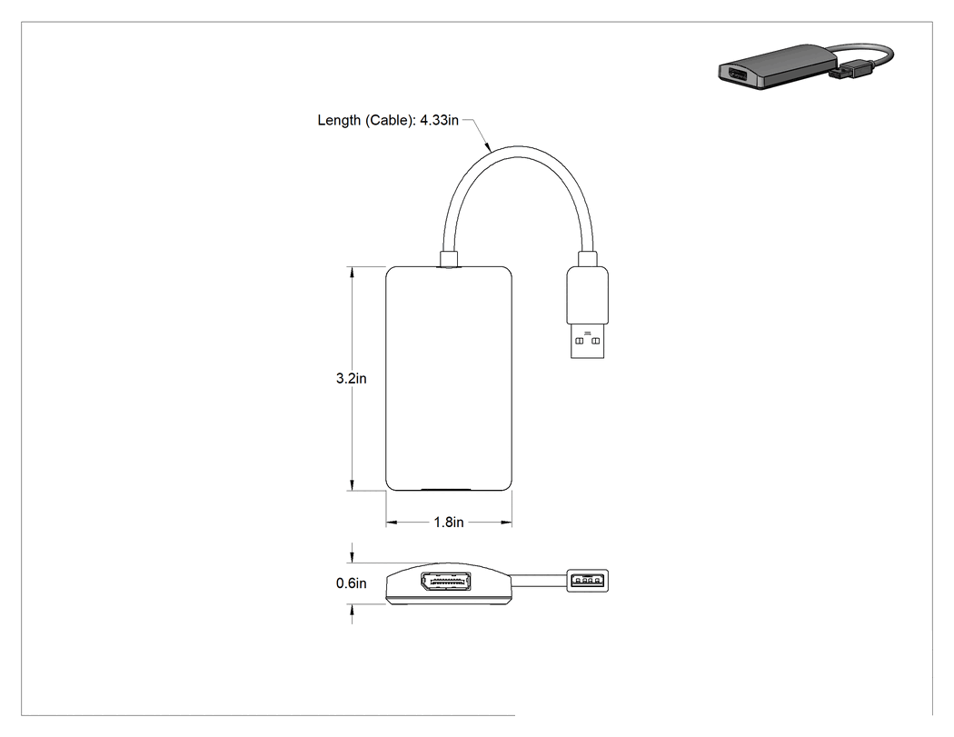 Teknik Çizim - USB Adaptör Kablosu, A Fişi x Displayport Soketi, 4-1/2" Uzunluk
