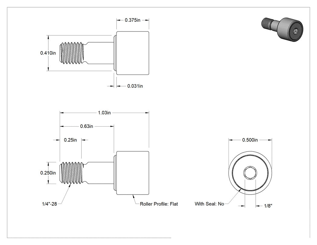 Teknik Çizim - Vidalı Siyah Oksit Çelik Ray Makarası, Mühür Yok, 1/2" Makara Çapı, 3/8" Silindir Genişliği, 1/4" Saplama Çapı