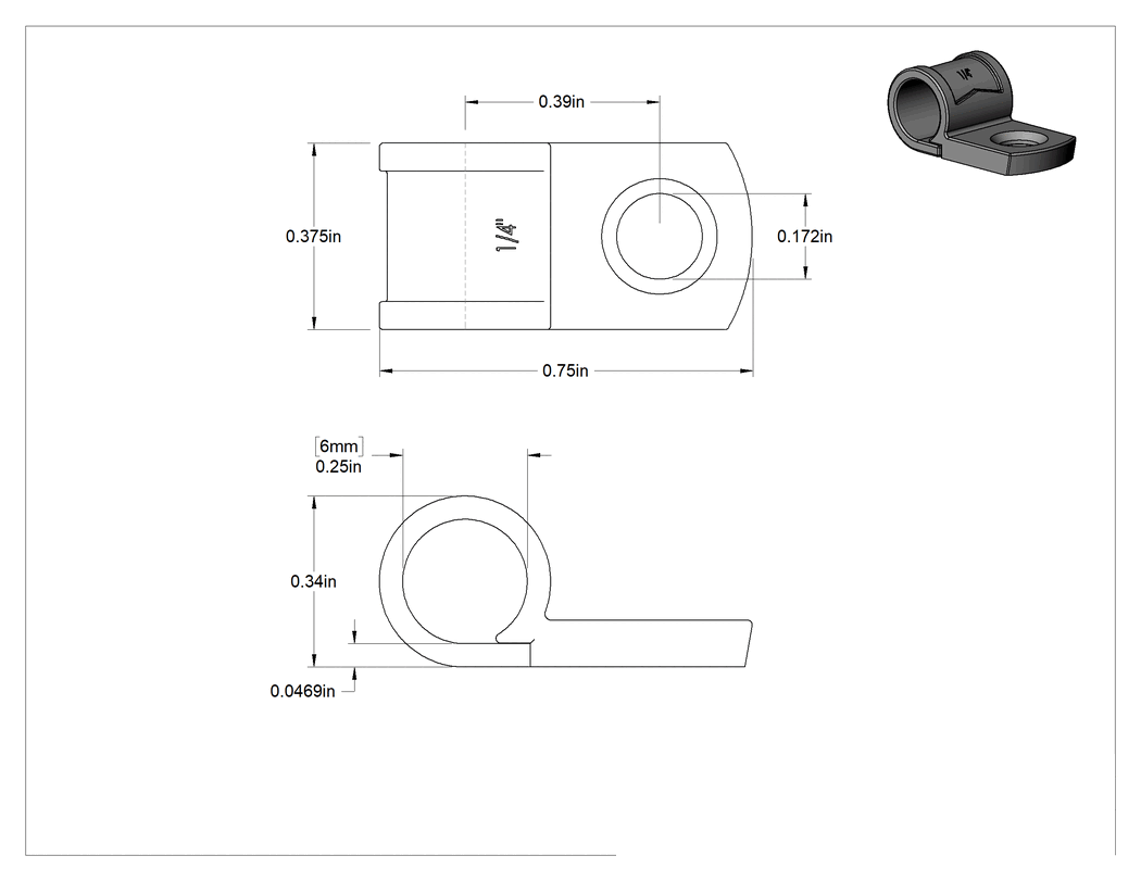 Teknik Çizim - Polietilen Halka Kelepçe, 1/4" İç Çap, Siyah