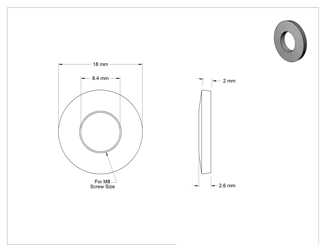 Teknik Çizim - Yaylı Kilit Pul, Çinko Kaplamalı, M8 Vida Boyutu için, 18 mm Dış Çap, 2.6 mm Toplam Yükseklik