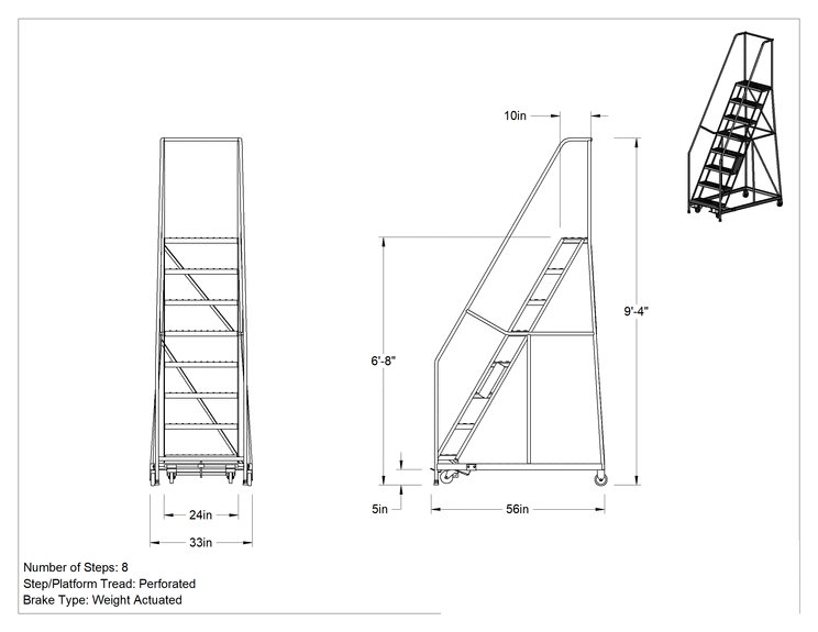 Teknik Çizim - Yuvarlanan Platform Merdiveni, 8 Delikli Basamaklı, 9'4" Yükseklik x 33" Genişlik x 56" Derinlik Toplam