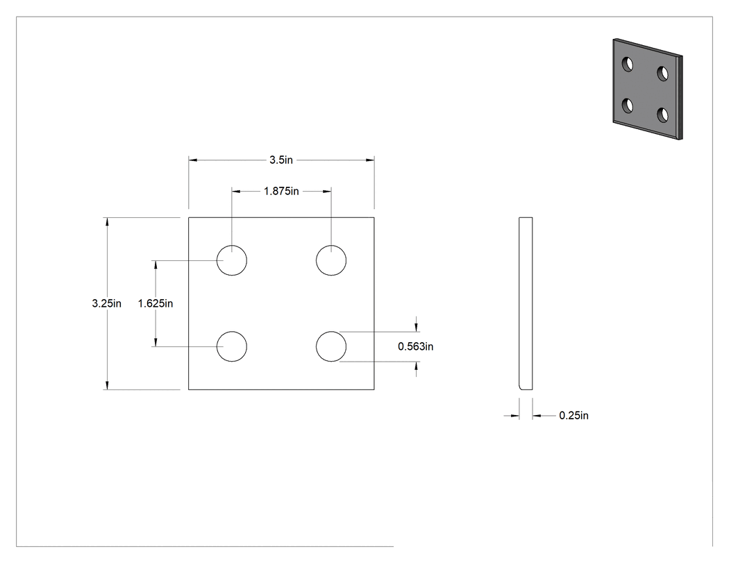Teknik Çizim - Strut Kanalı Braketi, Kare, 304 Paslanmaz Çelik, 3-1/2" Uzunluk