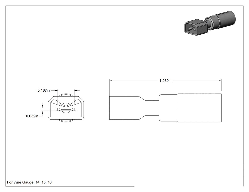 Teknik Çizim - Tamamen Yalıtımlı Isıyla Daralan Faston Terminaller, Erkek, 16-14 AWG için, 0.187" x 0.020" Tırnak, Mavi