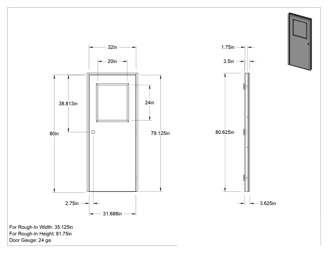 Teknik Çizim - Çelik Tek Kapı, Sola Dönüş, Yarım Kapı Penceresi, 32" x 80" Çerçeve Açıklığı