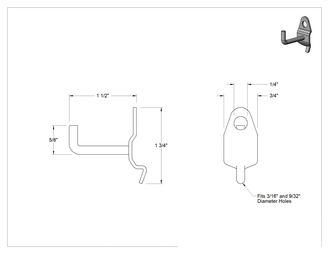 Teknik Çizim - Sabit Delikli Pano Tutucu, Hafif Hizmet, 3/16" ve 9/32" Çap için, 1-1/2" Çıkıntı, Çinko Kaplama