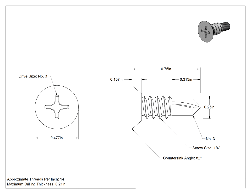 Teknik Çizim - Phillips Havşa Başlı Delme Vidası, 410 Paslanmaz Çelik, 1/4" Boyut, 3/4" Uzunluk