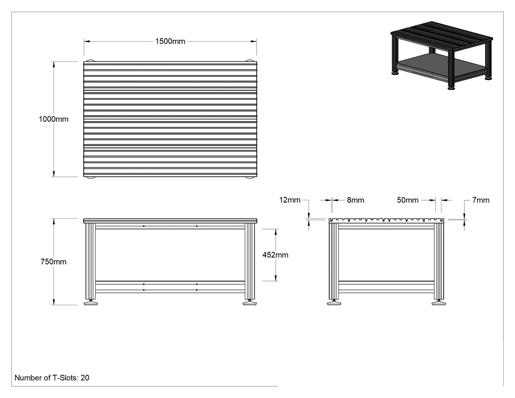 Teknik Çizim - T-Yuvalı Sabitleme Masası, 1500 mm Uzunluk x 1000 mm Genişlik x 750 mm Toplam Yükseklik