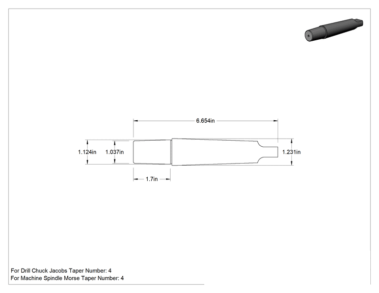 Teknik Çizim - Matkap Mandreni, 4 Numaralı Morse x 4 Numaralı Jacobs için, 6-21/32" Toplam Uzunluk