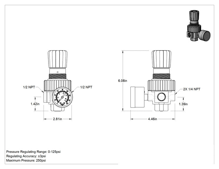 Teknik Çizim - Parker Modüler Basınçlı Hava Regülatörü, Çinko Muhafazalı, 06R Serisi, 1/2 NPT Dişi, 0 ila 125 PSI