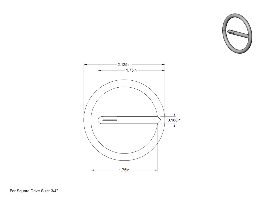 Teknik Çizim - 1-3/4" İç Çaplı 1 Parçalı Segman, 3/4" Kare Tahrik için