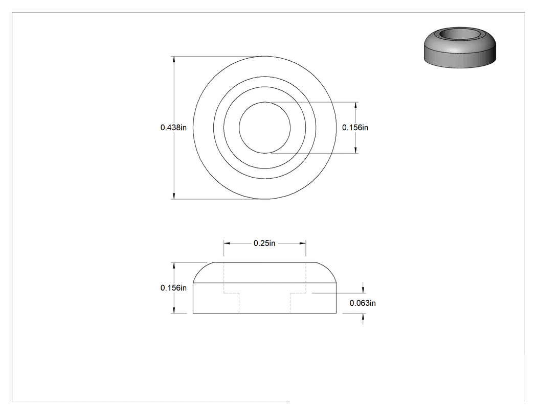 Teknik Çizim - SBR Kauçuk Dişsiz Delikli Tampon, 7/16" Dış Çap, 5/32" Yükseklik, 5/32" Montaj Deliği Çapı, Durometre 40A