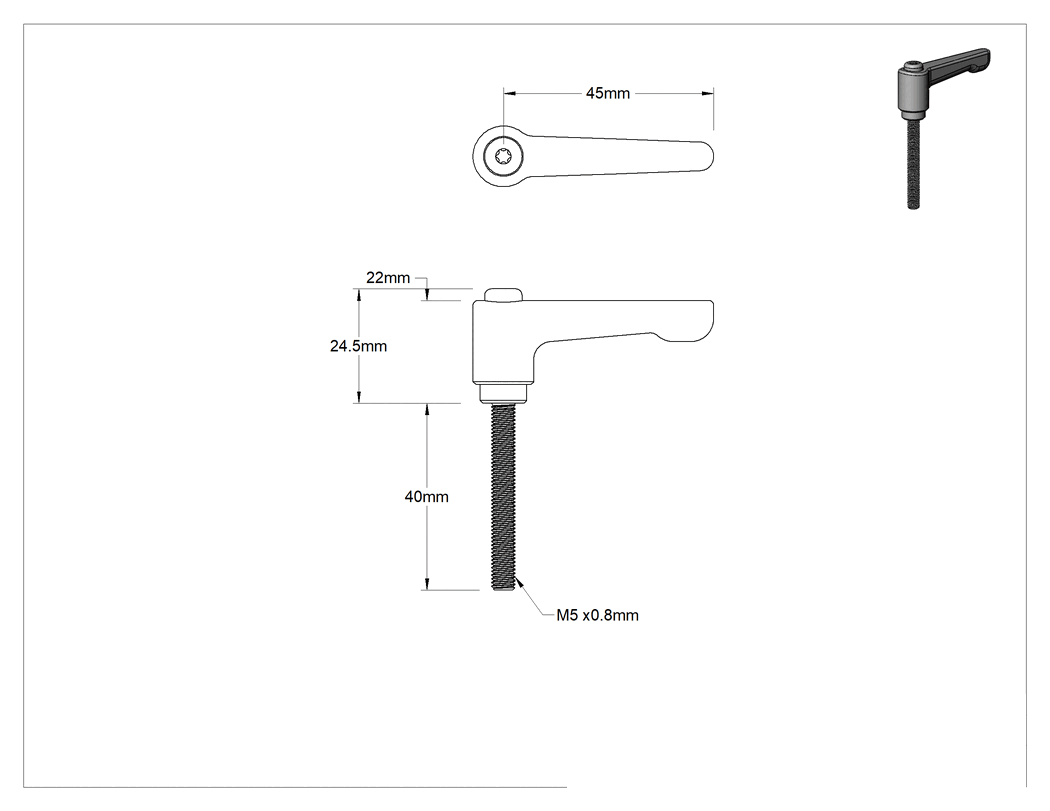 Teknik Çizim - Düşük Profilli Ayarlanabilir Tutamak, M5 x 0.8 mm Dişli 40 mm Uzunlukta Saplama, Siyah Çinko