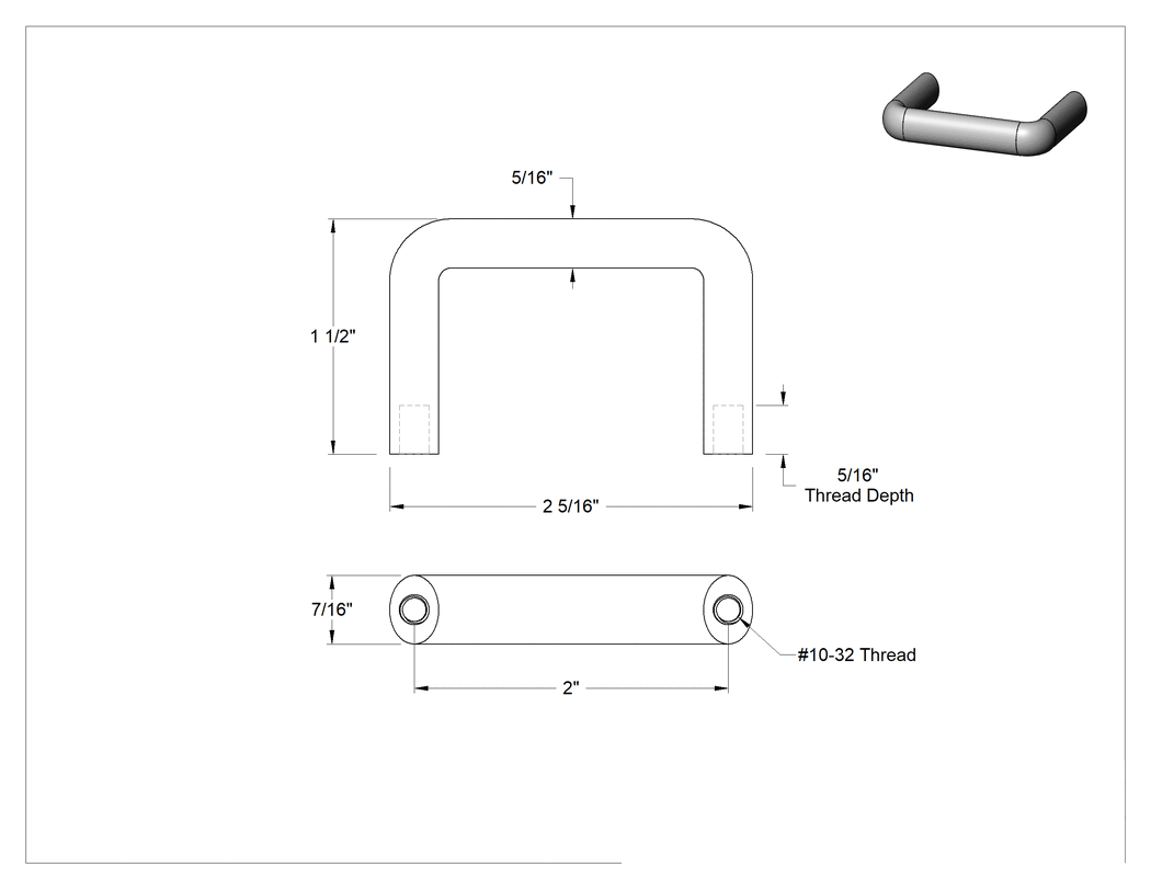 Teknik Çizim - Dişli Delikli Montajlı Oval Çekme Kolu, Parlatılmış Siyah Eloksallı Alüminyum, 2" Merkezden Merkeze Genişlik