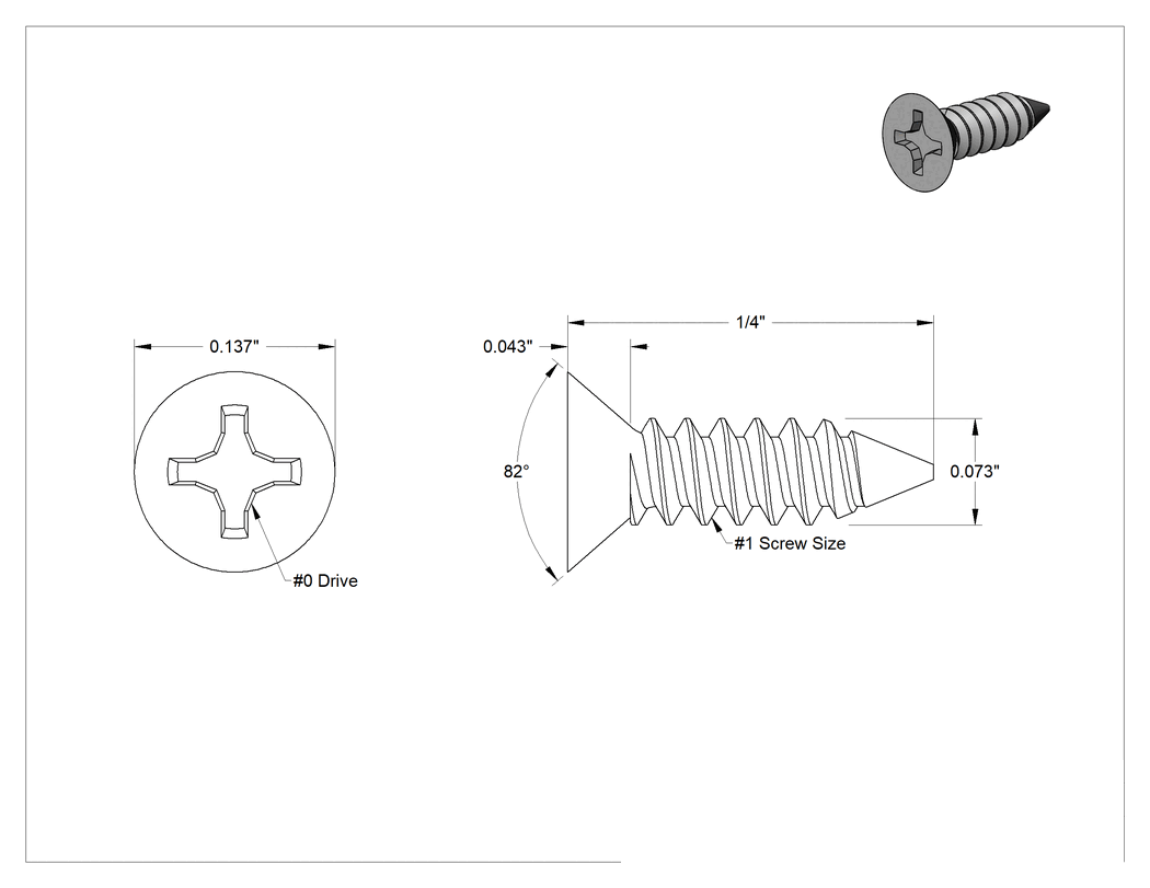 Teknik Çizim - Çinko Kaplı Çelik Phillips Havşa Başlı Vidalar, Sac Metal için, 1 Numaralı Boyut, 1/4" Uzunluk