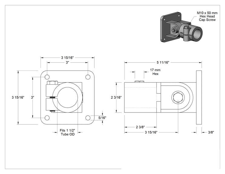 Teknik Çizim - Ağır Hizmet Tipi Alüminyum Kelepçeli Çerçeve Bağlantı Elemanı, 1-1/2" Ray Dış Çapı için Kare Ayarlanabilir Açılı Flanş Ray Ucu