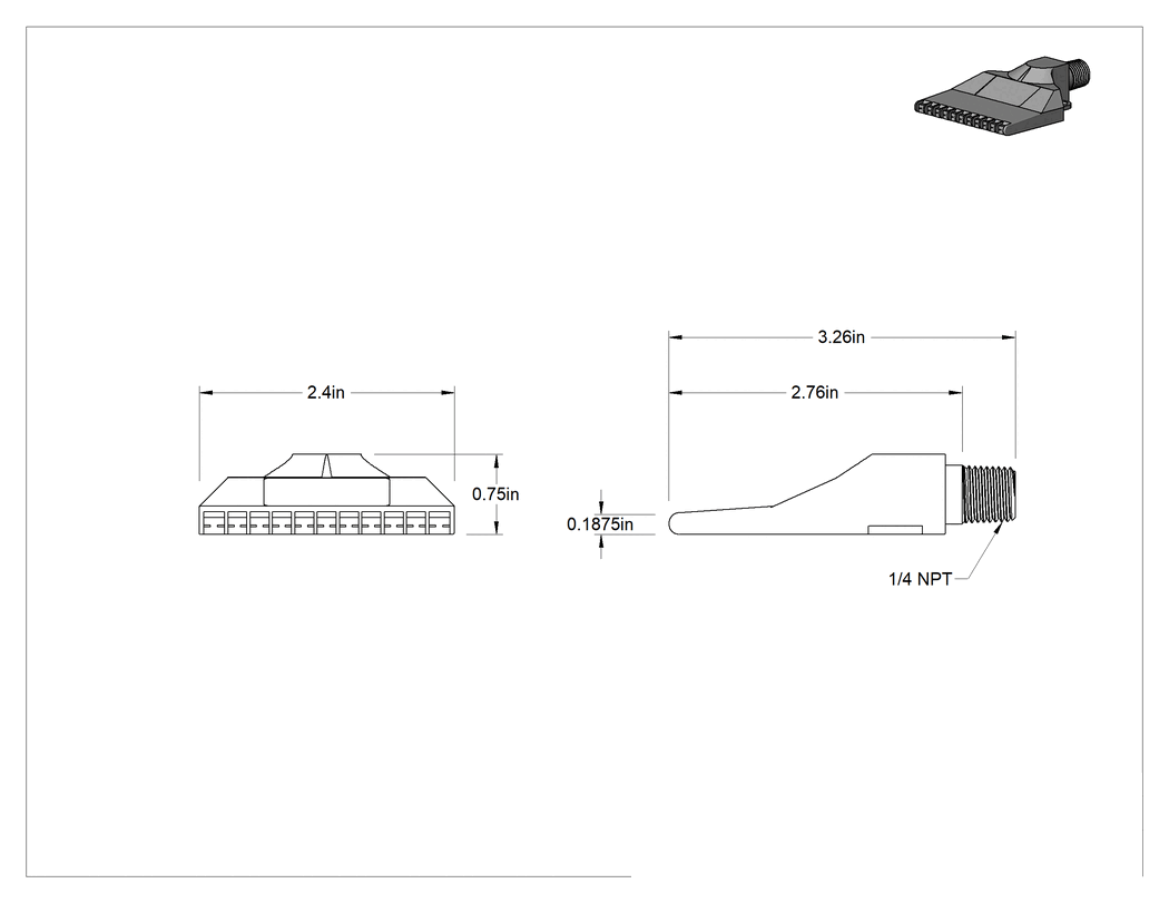 Teknik Çizim - Geniş Hava Akışlı Hava Nozulu, 316L Paslanmaz Çelik, 1/4 NPT Erkek Giriş, 46 CFM @ 100 PSI