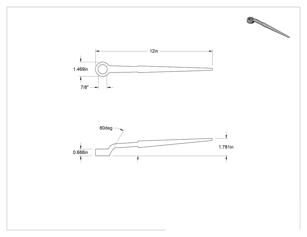 Teknik Çizim - Konik Saplı Kutu Anahtarı, 7/8" Boyut, 12 inç Toplam Uzunluk