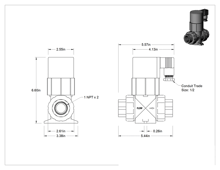 Teknik Çizim - Kimyasallar için Solenoid Açma/Kapama Valfi, Koyu Gri PVC Gövde, 1 NPT Dişi