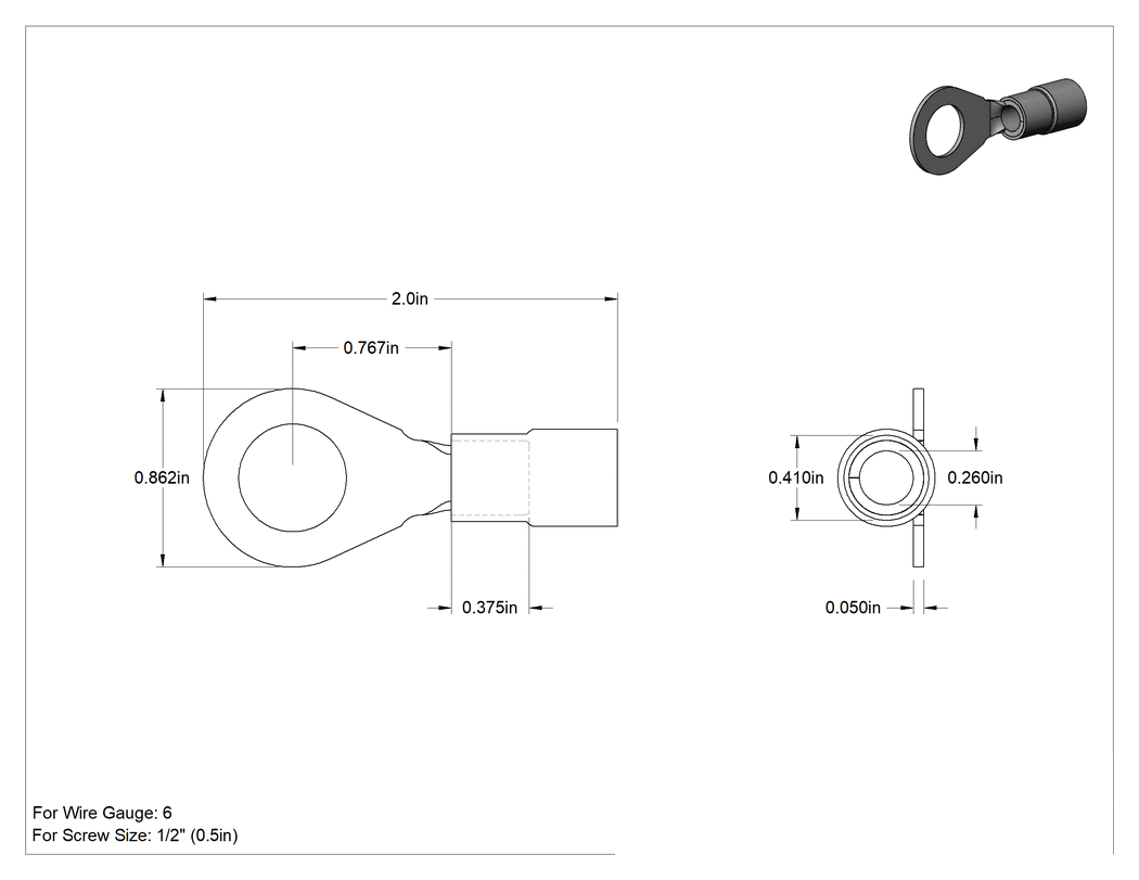 Teknik Çizim - Kalay Kaplı Bakır Halka Terminalleri, Yalıtımlı Naylon, 6 AWG ve 1/2" Vida için